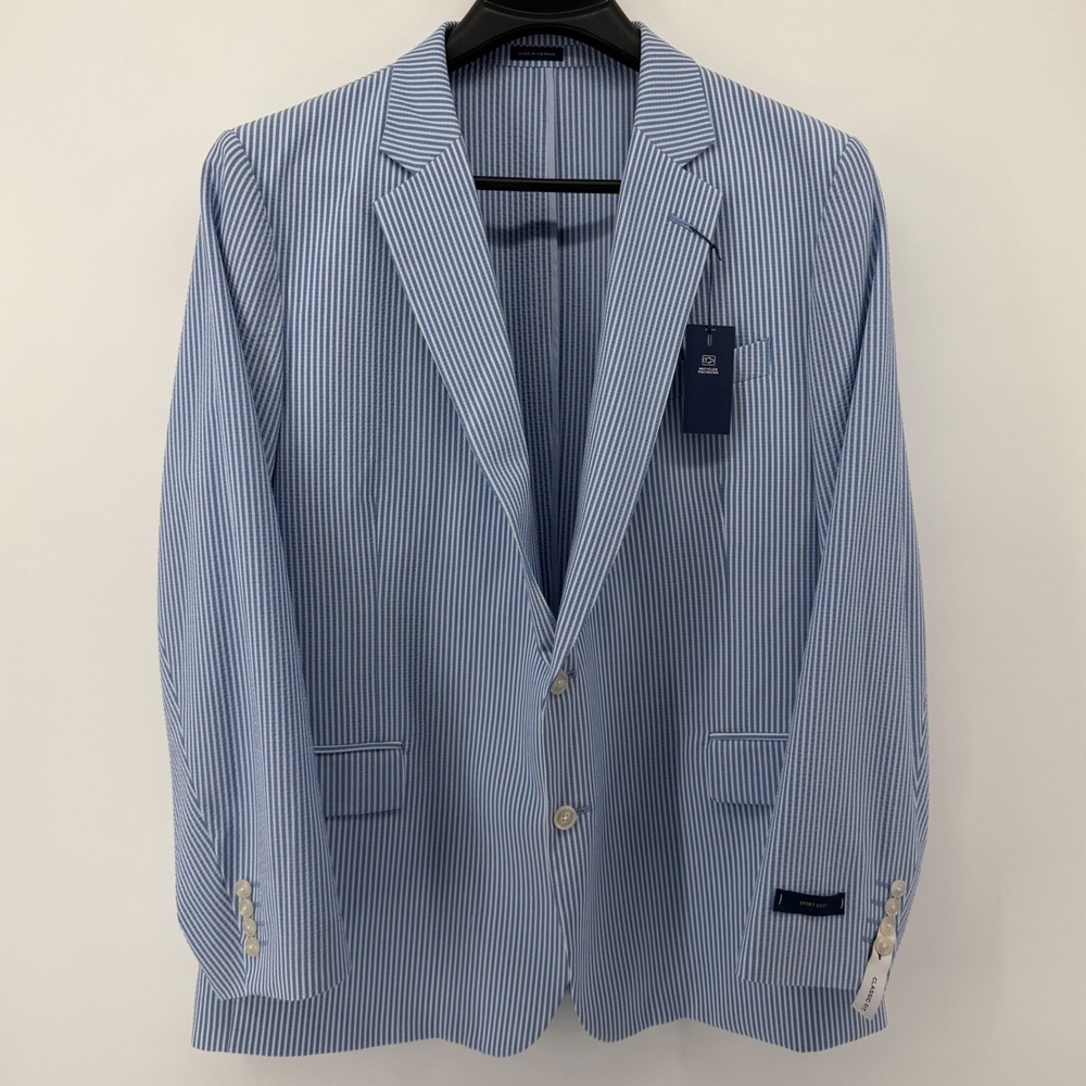 Stafford Sport Coat Mens 46R Blue Seersucker Stripe Classic Fit Stretch Blazer
